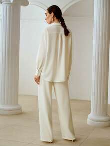 ZEYLAH 2pcs Casual Placement Print Shirt And Loose Pants Set, Spring/Summer - White - View 3