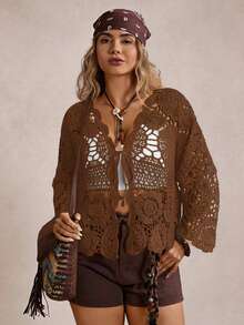 Freevana Plus Size V-Neck Tie-Front Shell Trim Hollow Out Long Sleeve Knit Cardigan - Coffee Brown - View 3