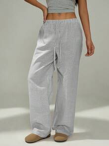 SHEIN PETITE Petite Ladies Pink And White Casual Home Striped Trousers Suitable For Spring And Summer Stripe Pants Gray Pants Loose Pants