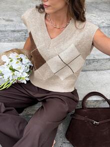 Serisse Women's V-Neck Diamond Pattern Sleeveless Loose Retro Knit Top Casual Brown Summer - Brown - View 6