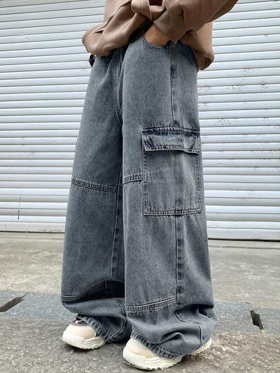 SHEIN Little Byeori Tween Boy Fashion Casual Y2k Vintage Cool Street Pocket Design Blue Denim Loose Workwear Jeans For Kids Clothes Tween Boy Dailywear And Kids Spring And Summer Rave Outfits Festival And Outfits Streetwear Clothes