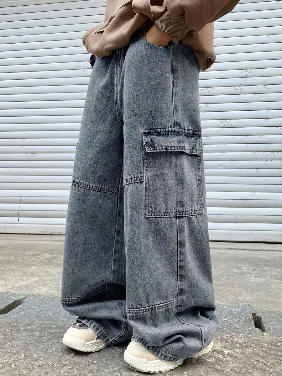 SHEIN 青少年男孩时尚休闲 Y2K 复古酷炫街头口袋设计蓝色牛仔宽松工装牛仔裤,适合日常穿着、春夏锐舞节和街头服饰。 - 藍色 - 查看 1