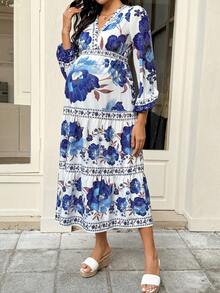 SHEIN Maternity Floral Print Lantern Sleeve Ruffle Hem Dress For Vacation,Maternity Clothes - Blue - View 6