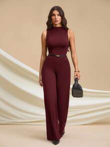 SHEIN Tall 优雅的黑色无袖褶皱连体裤，性感百搭，适合日常穿着、约会、外出、派对、聚会等各种场合——不对称阔腿连体裤，适合情人节、日常穿着，也适合高个女性。 - 酒紅色 - 查看 7