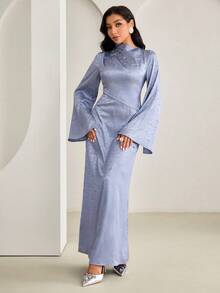 Veilorie Đầm dài thanh lịch kiểu Ả Rập cổ đứng tay loe eo thắt eo cho nữ - Màu xanh lam - Xem 1