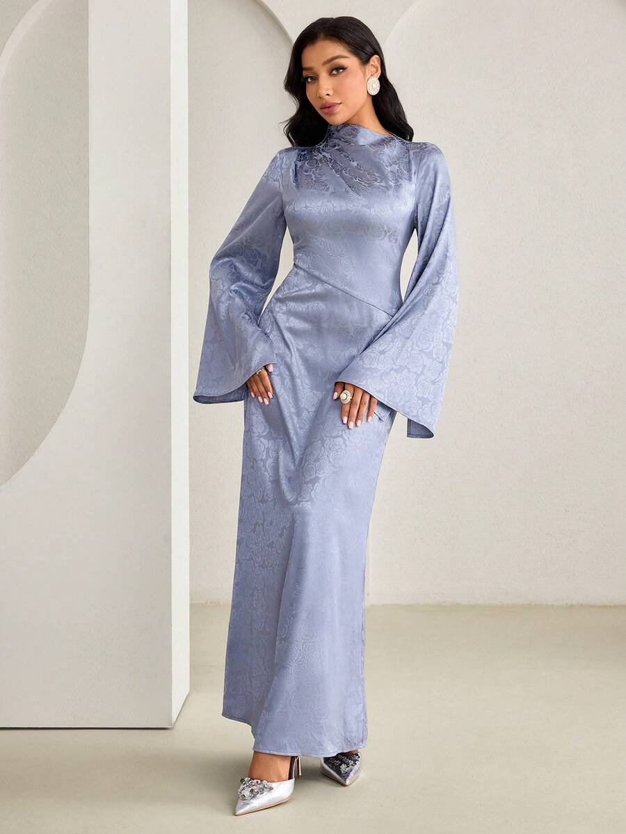 Veilorie Đầm dài thanh lịch kiểu Ả Rập cổ đứng tay loe eo thắt eo cho nữ - Màu xanh lam - Xem 1