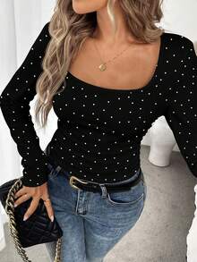 SHEIN LUNE 休闲简约复古优雅通勤百搭保暖黑白波点印花图案，适合秋冬季节，女士圆领褶皱修身长袖T恤打底衫 - 彩色 - 查看 4