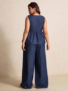 Elaquor 大码女式V领系带牛仔背心和阔腿牛仔裤两件套 - 深色水洗藍 - 查看 2