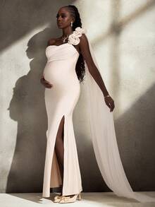 Cheriluna Maternity Elegant, Romantic, Dignified, Chiffon Fabric, Ruffle, Strapless, Waist, Front Slit, Flowing Sleeves, Train Maternity Photography Dress, Gown - Apricot - View 1