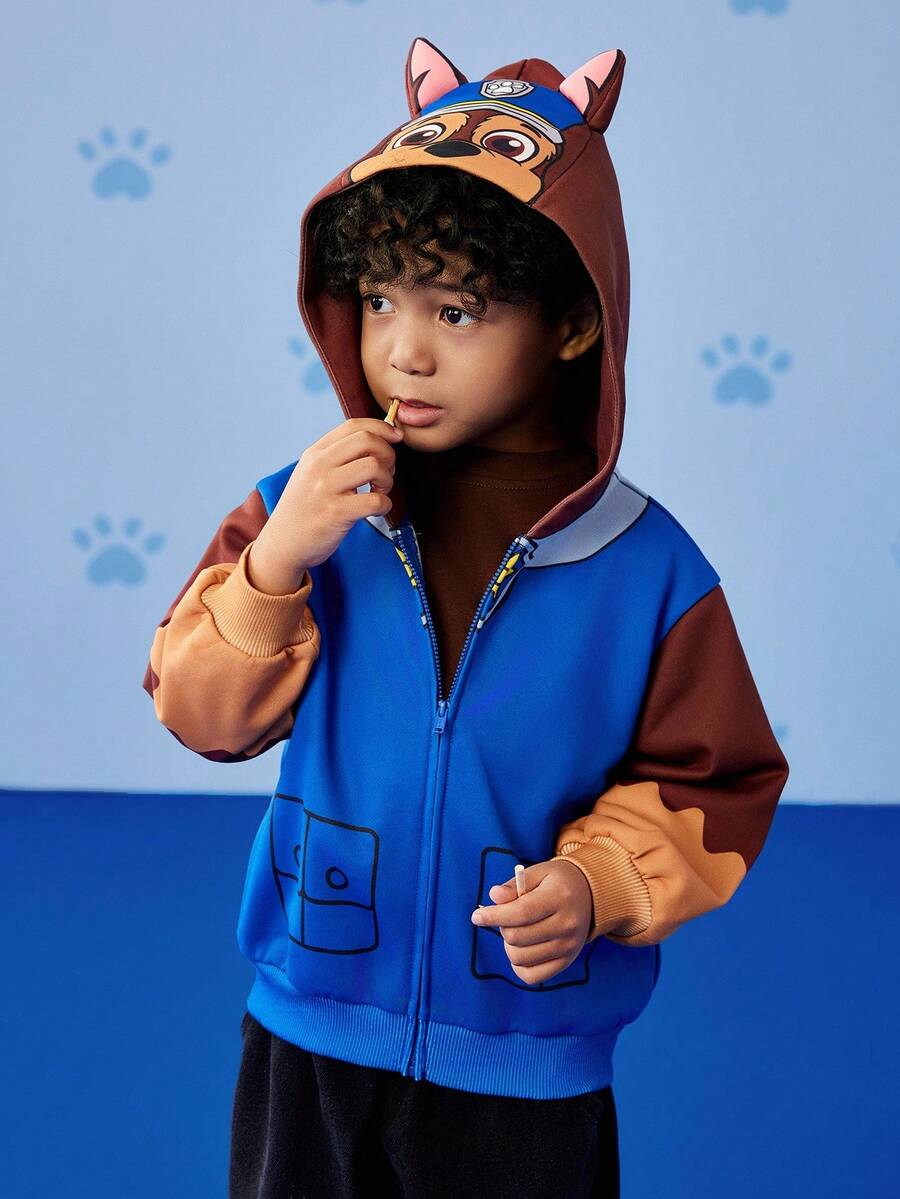 SHEIN | PAW Patrol Young Boy Casual Cartoon Dog Print Long Sleeve Hooded Zip-Up Knit Coat With 3D Ears Hoodie For Kids Kids Character Clothes Fall Winter - Blue - View 1
