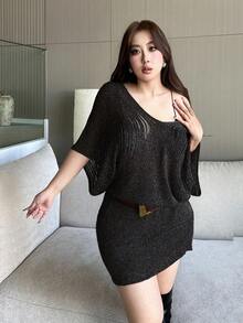 Vibekara 优雅透视针织V领修身迷你连衣裙 - 黑色 - 查看 5