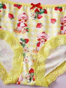 Strawberry Shortcake X SHEIN 3pcs Women's Cute Cartoon Character, Strawberry Plaid Print, Bow Decor, Lace Trim Comfortable Panties Set - Multicolor - View 3