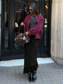 Aloruh 女士超长麂皮半身裙，酒红色安卡拉复古浪漫波西米亚流苏拼接A字裙 - 黑色 - 查看 6