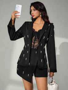 Bluhae Women's Fashion Sexy Minimalist Embellished Suit Set, Spring/Autumn - Black - View 4