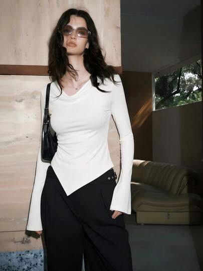 Airlisse Asymmetric Hem Asymmetrical Neck Knit T-Shirt Fall Cloth For Women