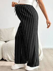 SHEIN 春季女士孕妇抽绳腰条纹休闲宽松阔腿裤，高个阔腿裤 - 黑色 - 查看 3