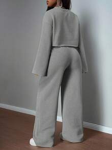 Slaydiva 2025 秋冬休闲百搭街头通勤女装三件套：白色和灰色纯色长袖运动衫和裤子 - 淺灰色 - 查看 6