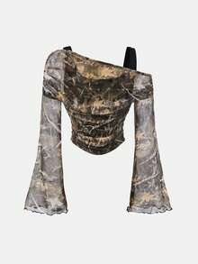 SHEIN Tween Girl Tie-Dye Asymmetric One-Shoulder Bell Sleeve Long Sleeve Cropped T-Shirt - Army Green - View 3