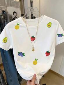 SHEIN 女款休閒可愛水果刺繡圖案圓領短袖T恤，百搭日常通勤早午餐，白色夏季款 - 彩色 - 查看 4