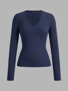 SHEIN EZwear 3件套女士深V领修身休闲长款基础保暖长袖T恤套装，适合秋冬季穿着 - 彩色 - 查看 3