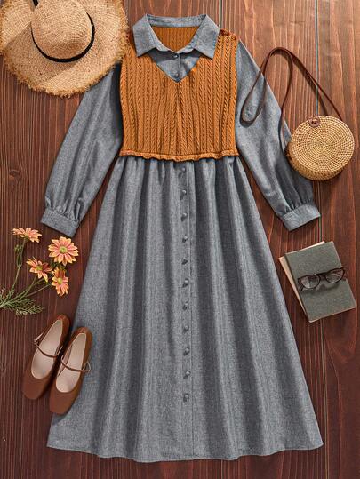 EMERY ROSE 大码女式拼接二合一翻领长袖休闲连衣裙