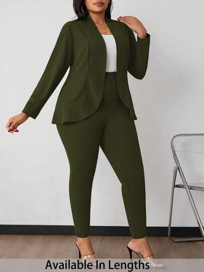 SHEIN PETITE CURVE Plus Size Women Solid Color 3/4 Sleeve Blazer And Pants 2 Pieces Office Suit, Business Casual Woman In Fall/Winter