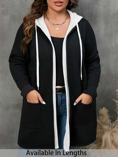 SHEIN PETITE CURVE Abrigo con capucha con cordón y bolsillos para mujer talla grande de invierno