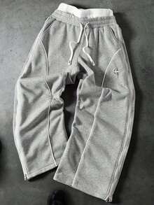 PAVTROS Young Street Style Wide Leg Pants With Double Zipper Waist And Side Panels,Streetwear,Baggy,Graphic,Matching,Friends,I Love My Boyfriend,Street Style,Couples,Double Waistband Reflective Edge Strips For Hot-Selling Embroidered Patterns - Light Grey - View 1