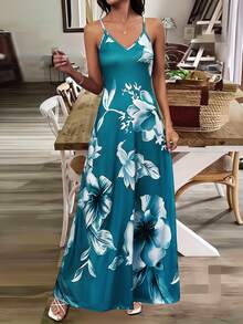 Breezaya Đầm Maxi họa tiết hoa nhiệt đới gợi cảm dành cho nữ - Màu xanh ngọc - Xem 4