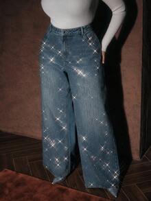 Anewsta Plus Size Women's Rhinestone Embellished Straight Leg Glitter Jeans, Suitable For Party, Christmas, New Year - Blue - View 3