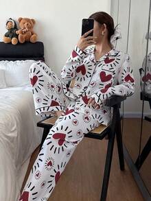 SHEIN Bộ đồ ngủ tay dài in hình trái tim và quần dài họa tiết bong bóng dành cho nữ - trắng - Xem 6