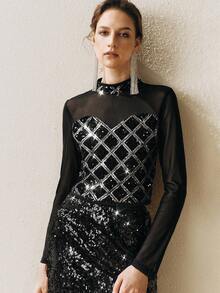 Arave 女士亮片刺绣修身露脐吊带上衣，万圣节服装 - 黑色 - 查看 1