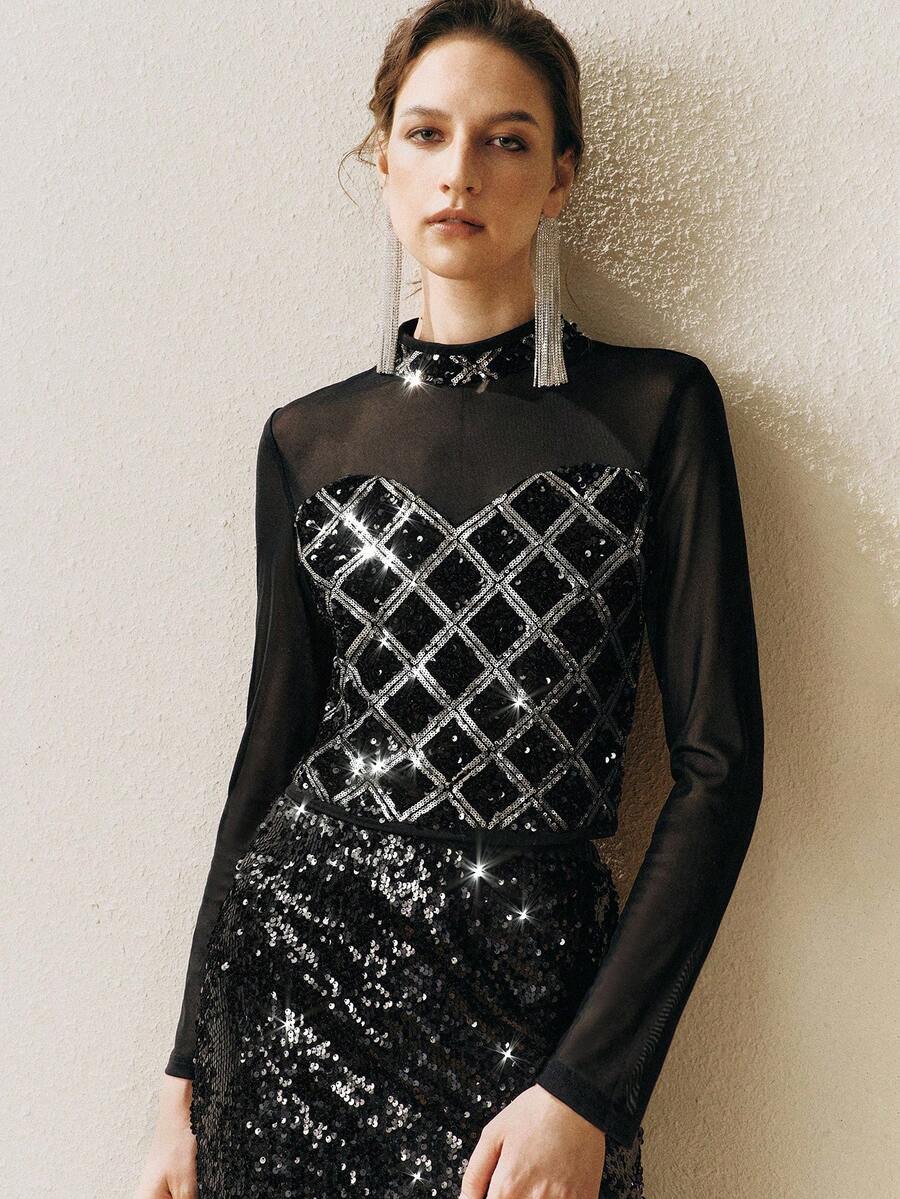 Arave 女士亮片刺绣修身露脐吊带上衣，万圣节服装 - 黑色 - 查看 1