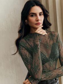 Anewsta Women's Lace See-Through Thumb Hole Elegant Blouse, Suitable For Holiday Party Outfits - Dark Green - View 4