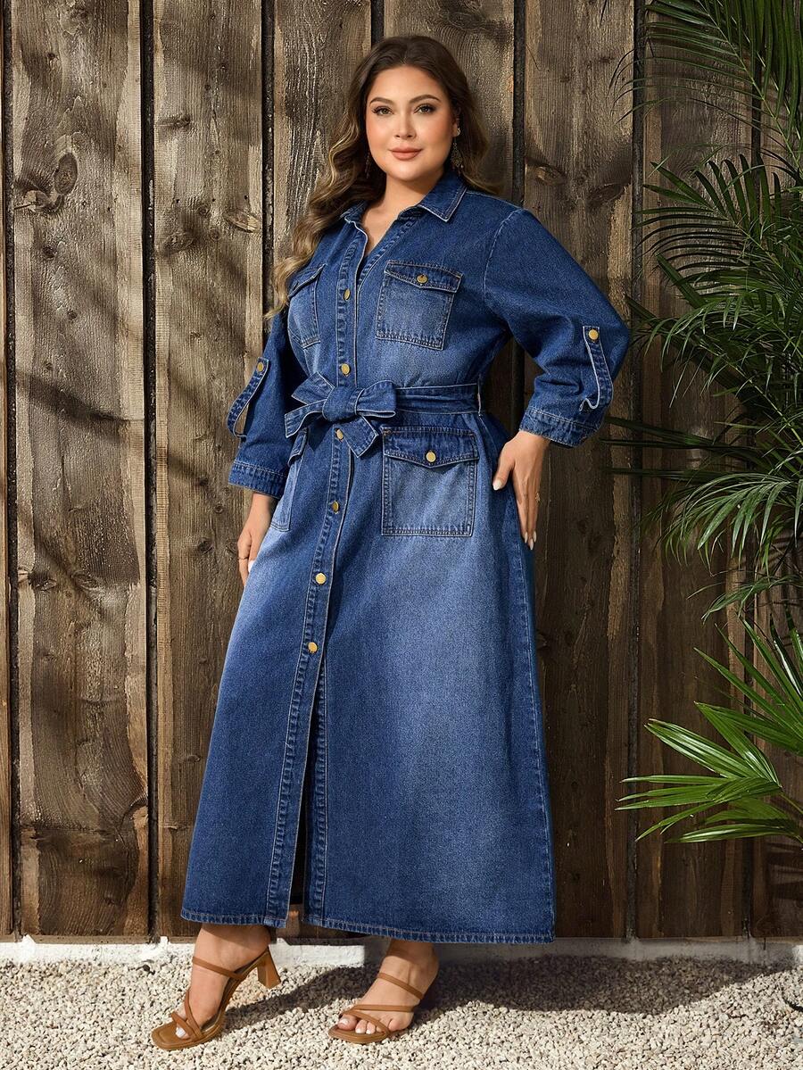 SHEIN LUNE Váy denim xanh đậm không co giãn, thường ngày, cỡ lớn dành cho nữ, mùa thu/đông - Rửa tối - Xem 1
