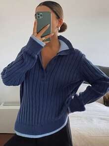 DAZY Women's Contrast Color Long Sleeve Button Half Placket Casual Sweater, Autumn/Winter - Blue - View 5