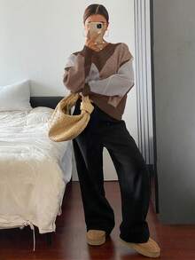 DAZY Plaid Loose Fit Long Sleeve Crew Neck Sweater For Women - Brown - View 5