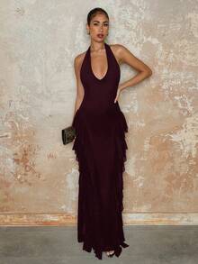 SHEIN BAE Váy dài xếp nếp nhiều lớp thanh lịch dành cho nữ, thích hợp cho các buổi hẹn hò thường ngày, đi chơi, tiệc đêm, mùa thu - Màu Tím - Xem 3