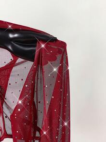 Amplova 2pcs/Set Sequin Detail Sexy Tight Fit Long Sleeve Crop Top & Tight Fit Inverted V Mini Skirt Sexy Two Piece Club Outfit Club Two Piece Set Sparkly Two Piece Set Mesh Two Piece Set Red Two Piece Set Vacation Outfits Women Y2K Valentine's Day - Burgundy - View 10