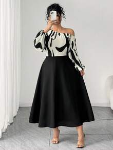 Elenzga 大码女式印花拼接喇叭连衣裙，优雅廓形，适合商务休闲场合，露肩设计，春秋季百搭单品 - 黑與白 - 查看 5