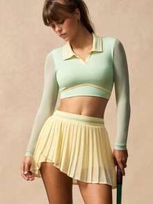 VARSIVA Women's Light Green Color-Blocked Polo Collar Mesh Long-Sleeved Short Top And Yellow Color-Blocked Pullover Pleated Skirt With Built-In Jumpsuit Shorts To Prevent Wardrobe Malfunctions, Tennis-Style Sportswear Set. - Multicolor - View 5