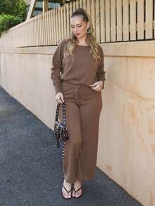 Arliah Damen Einfarbiger Rundhals Raglanärmel Langarm Pullover und Kordelzug Taille Strickjose Freizeitanzug