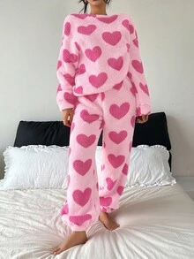 SHEIN Women's Cute Heart Pattern Thickened Fleece Pajama Set With Long Sleeve Top And Pants, Pink And Red, Autumn/Winter Pjs Pink Heart Pajama Set - Multicolor - View 5