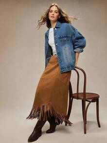 WESTFADE 绒面高腰西部风格流苏中长裙，适合冬季、波西米亚风、休闲、可爱、假日、圣诞节、新年、新年等场合，是女士西部服饰的理想之选，展现纳什维尔牛仔风情。 - 棕色 - 查看 4
