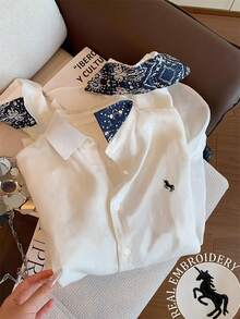 Resyla Women's Casual Everyday Office Commute Unicorn Embroidery Long Sleeve White Shirt, Spring/Autumn - Multicolor - View 1