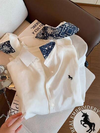 Resyla Women's Casual Everyday Office Commute Unicorn Embroidery Long Sleeve White Shirt, Spring/Autumn