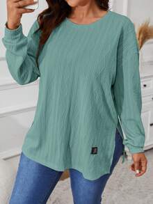 SHEIN VCAY Áo thun nữ dáng rộng, đơn giản, màu trơn, chất liệu vải họa tiết, dáng rộng, dáng suông, thoải mái, mặc hàng ngày, đi làm, mùa xuân/thu - màu xanh lá - Xem 5