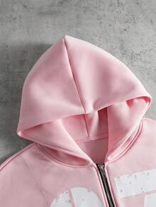 PAVTROS Men's Autumn/Winter Hoodie Set, Pink Set, Minimalist Numeric Print, Zip-Up Hoodie And Sweatpants Set With Pockets Pink Streetwear Designer Sweatsuit Jogging Suits Pink Two Pieces, Thermal Lined - Pink - View 5