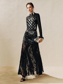 Arave 女士亮片刺绣修身露脐吊带上衣，万圣节服装 - 黑色 - 查看 2