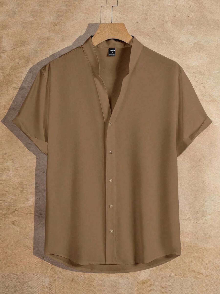 HIMLAND 男士休闲日常通勤简约纯色翻领短袖衬衫，夏季 - 棕色 - 查看 1